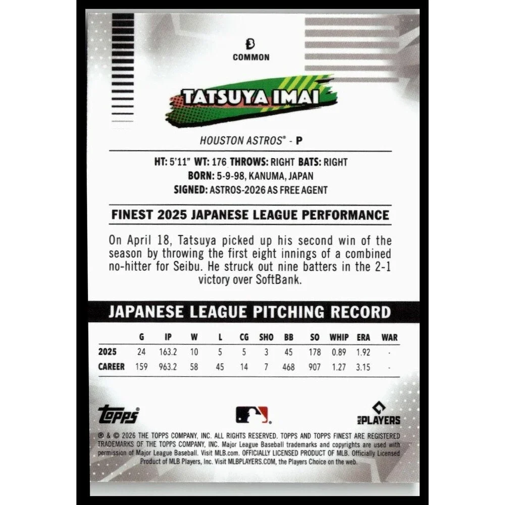 2026 Finest Tatsuya Imai Common Base Rookie RC Astros
